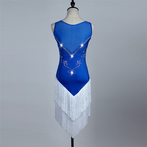 Royal blue white see through back sleeveless female women's competition professional latin salsa cha cha dance dresses
